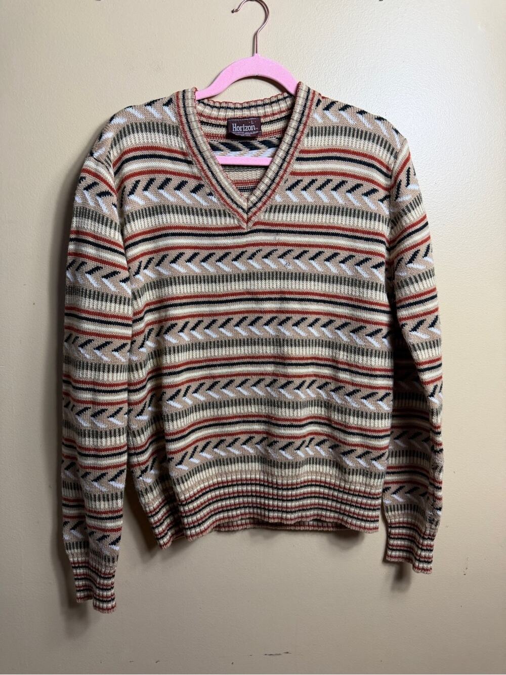 Vintage 70s/80s horizon, striped sweater large V-neck tan